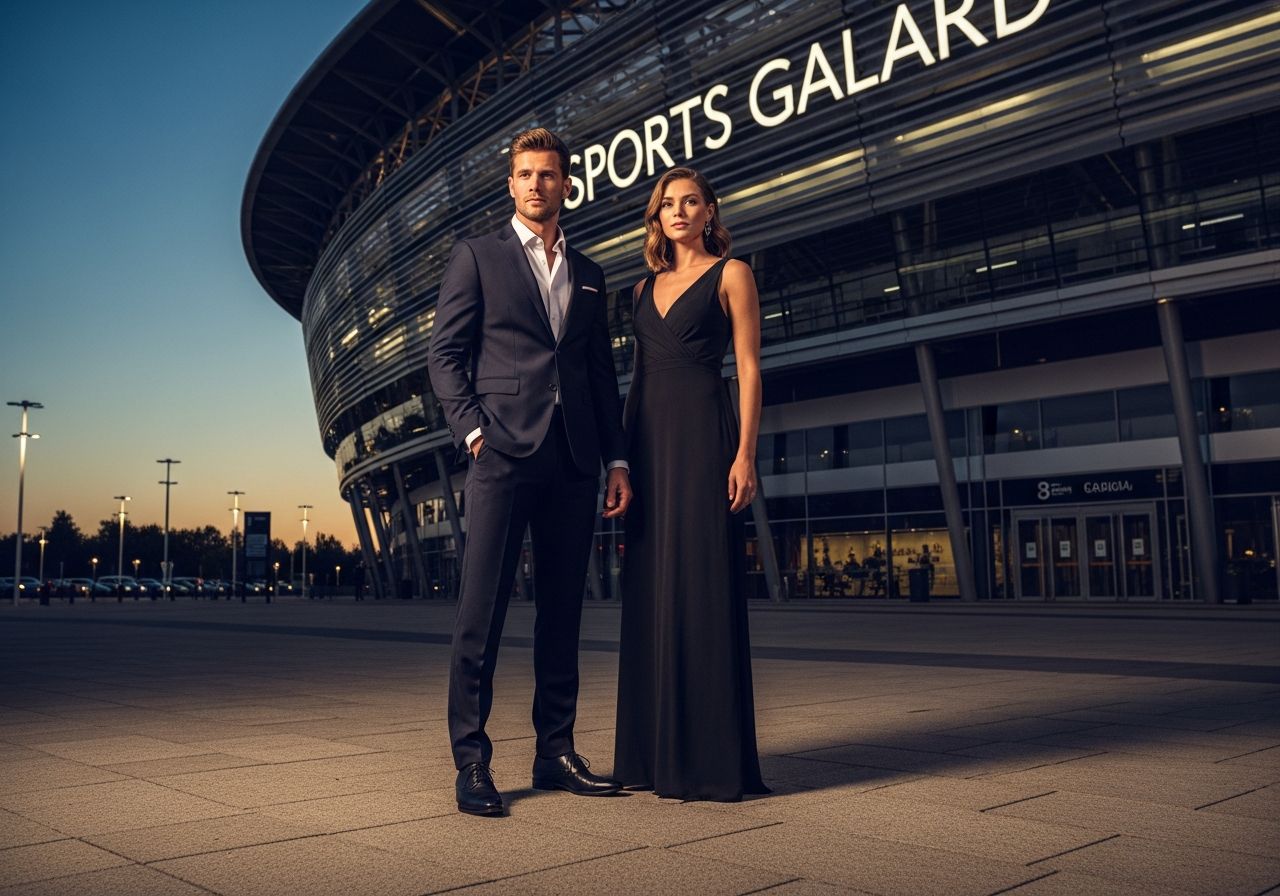 Mężczyzna i kobieta w eleganckich strojach stoją przed nowoczesną areną wieczorem na gali sportowej
