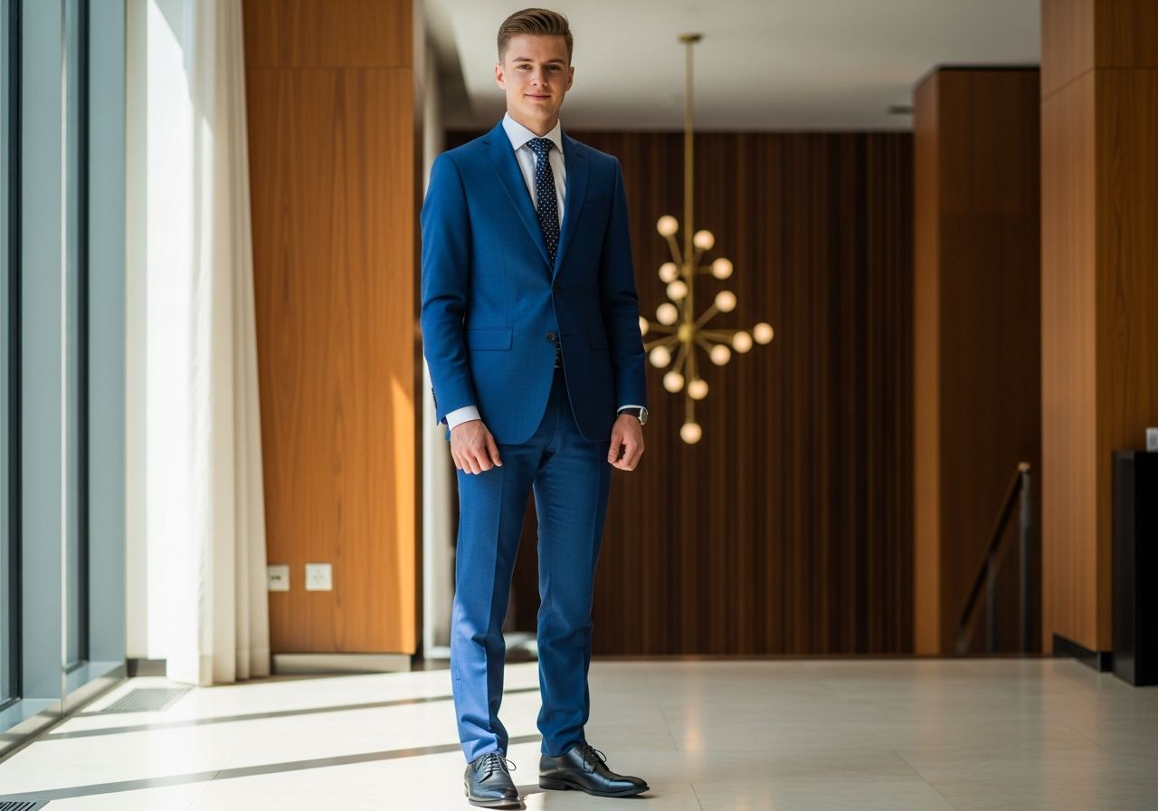 Młody mężczyzna w granatowym garniturze świętuje 18. urodziny w eleganckim nowoczesnym wnętrzu.