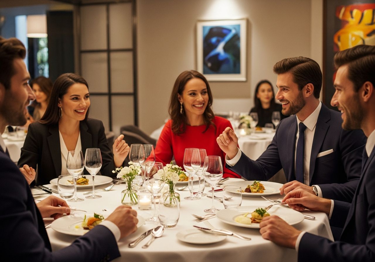 Grupa elegancko ubranych współpracowników rozmawiających przy stole w nowoczesnej restauracji podczas kolacji biznesowej