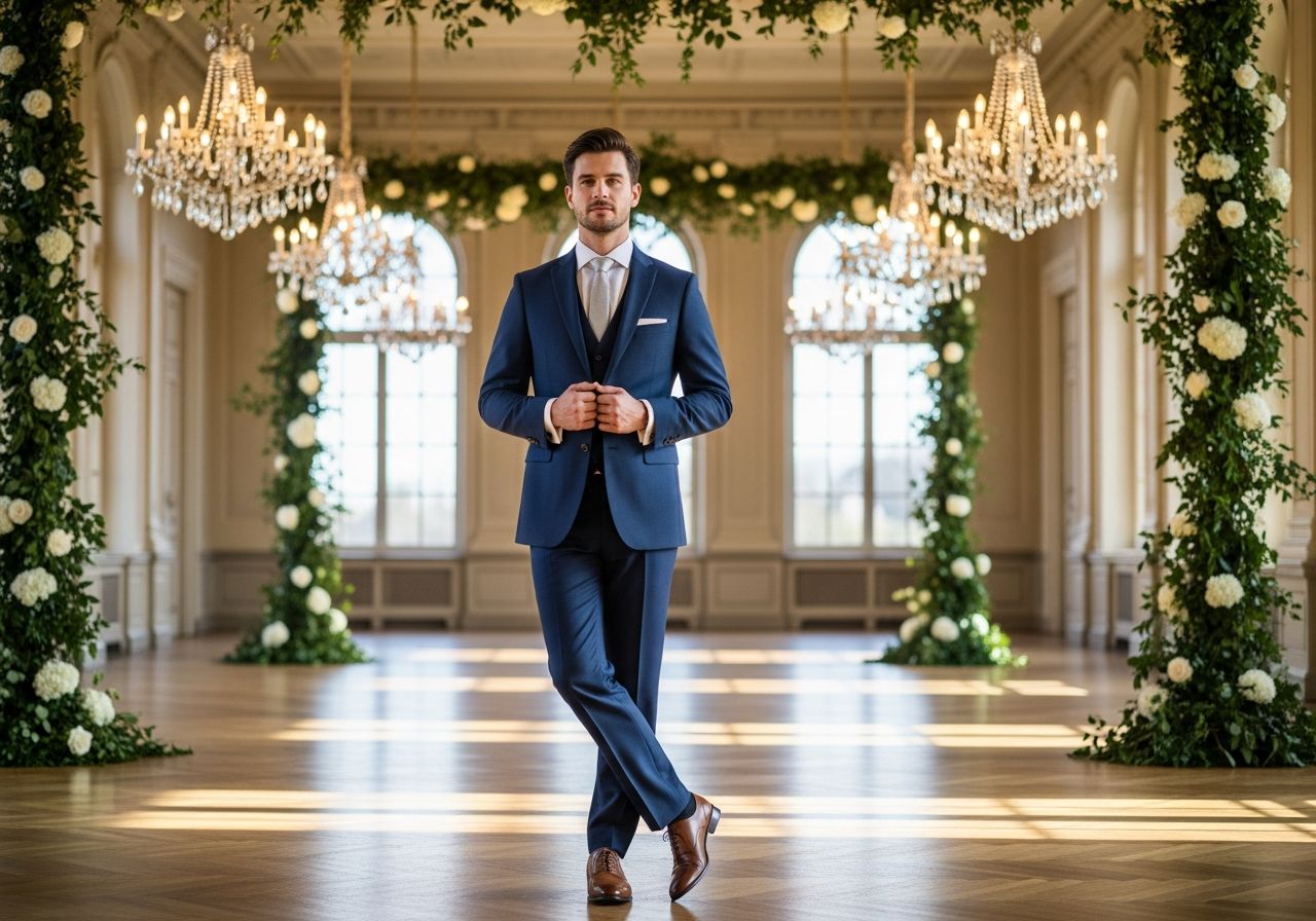 Mężczyzna w granatowym garniturze na weselu w eleganckiej, dobrze oświetlonej sali balowej