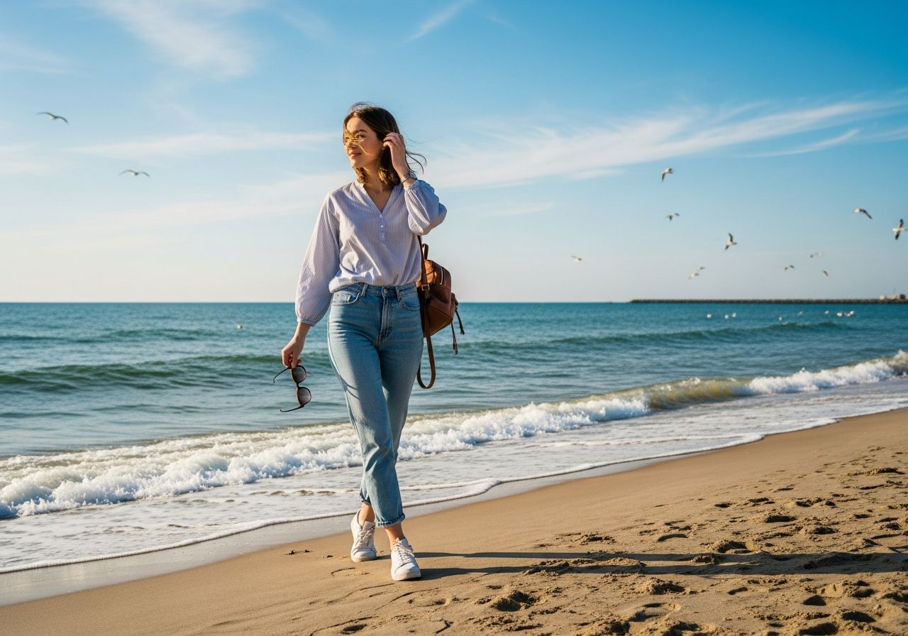 Kobieta w lekkiej odzieży spaceruje po plaży nad morzem w słoneczny dzień z lekką bryzą i falami