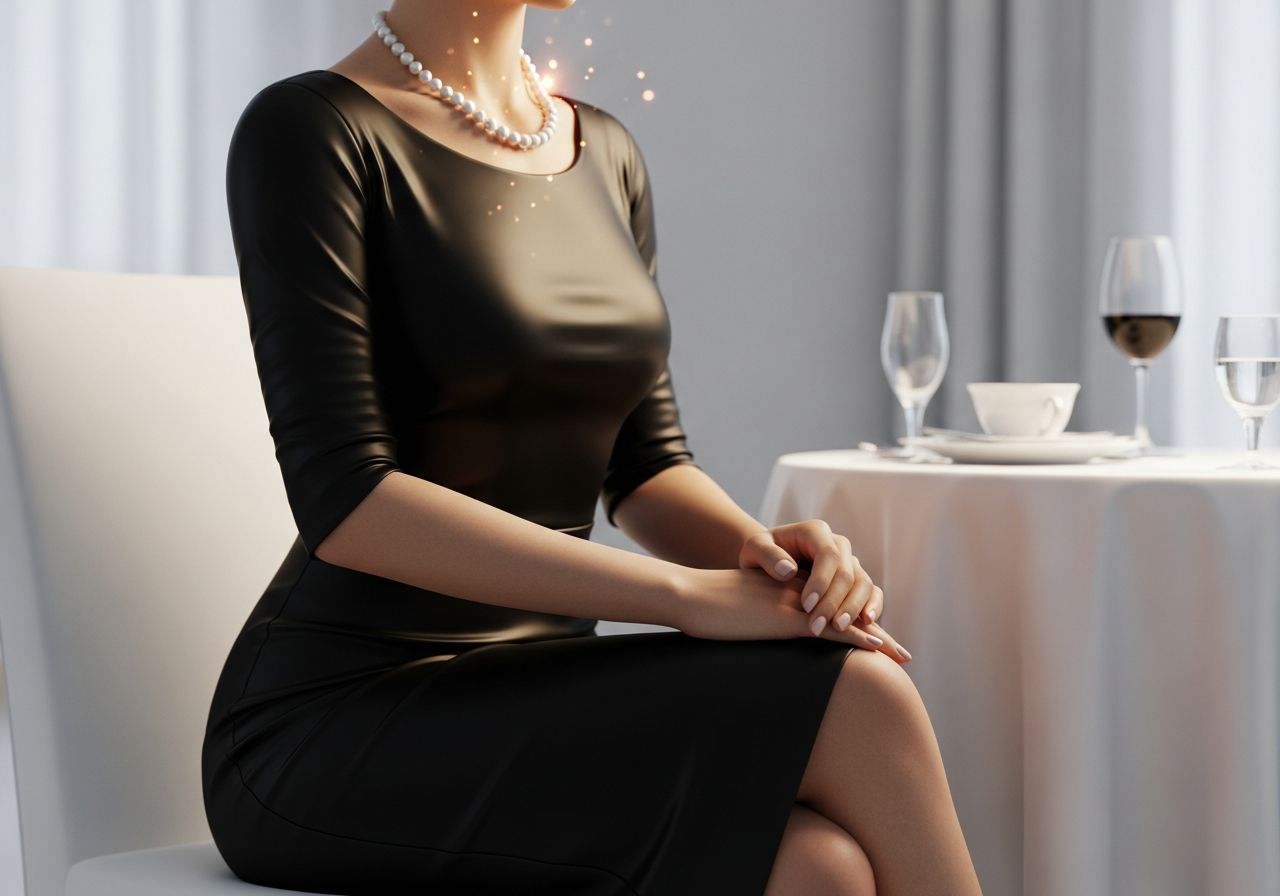 Kobieta w klasycznej czarnej sukience i perłowym naszyjniku w eleganckim, miękko oświetlonym wnętrzu