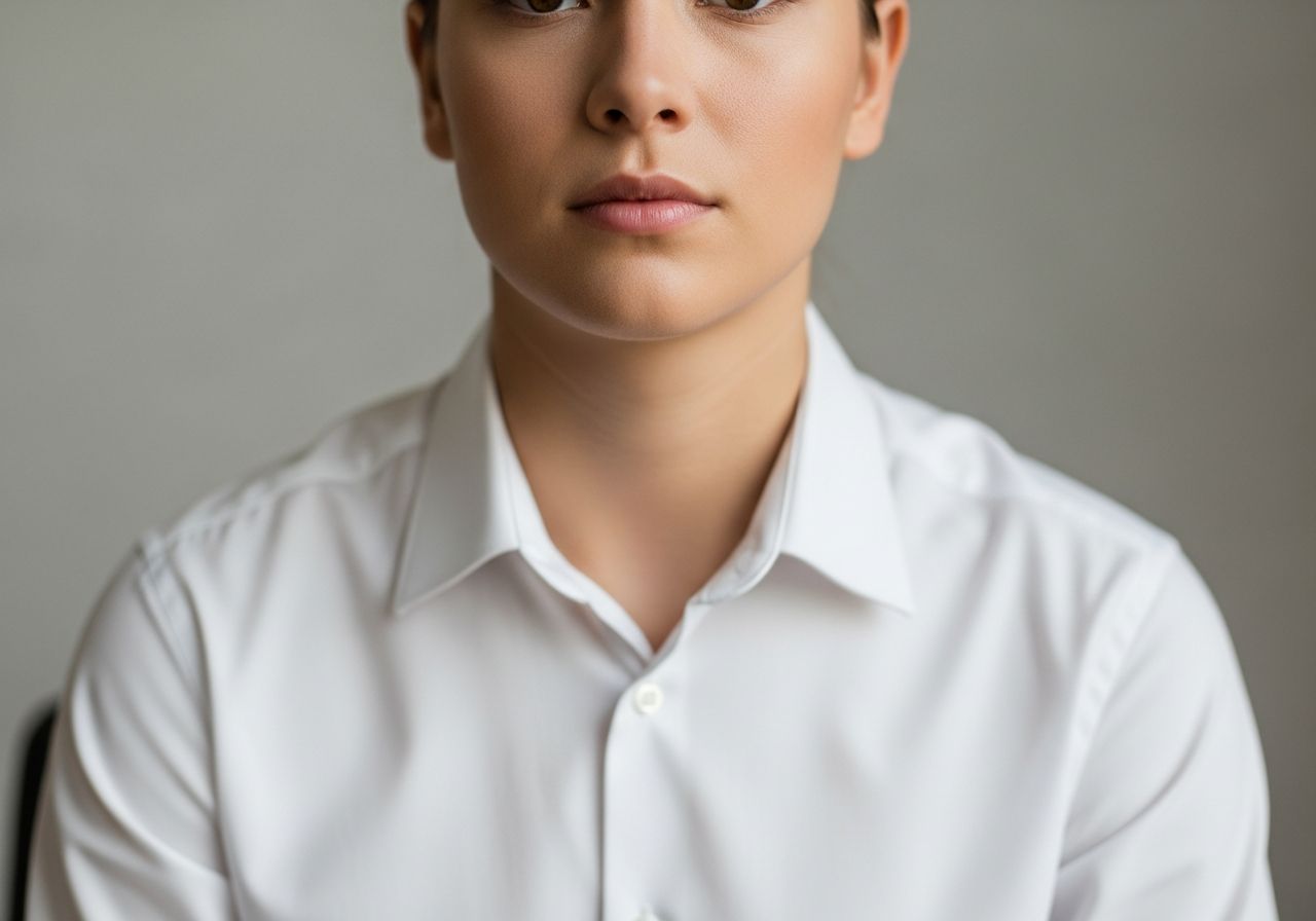 Portret młodej osoby w białej koszuli na neutralnym tle do oficjalnego zdjęcia identyfikacyjnego