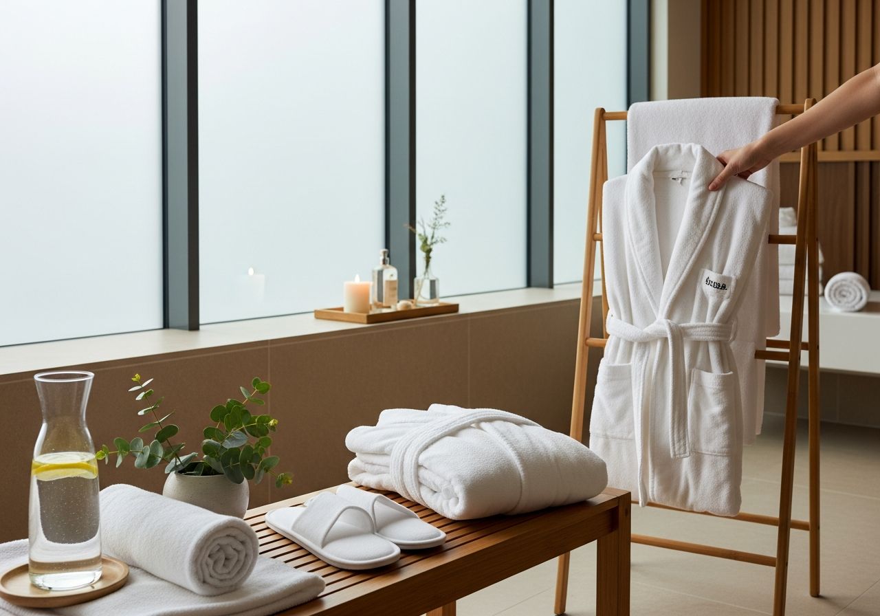 Hotelowe spa, szatnia z drewnianą ławką, białym szlafrokiem i naturalnymi akcesoriami w ciepłych barwach.