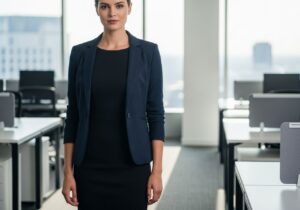 Profesjonalna bizneswoman w marynarce i sukience stoi w nowoczesnym biurze z widokiem na miasto