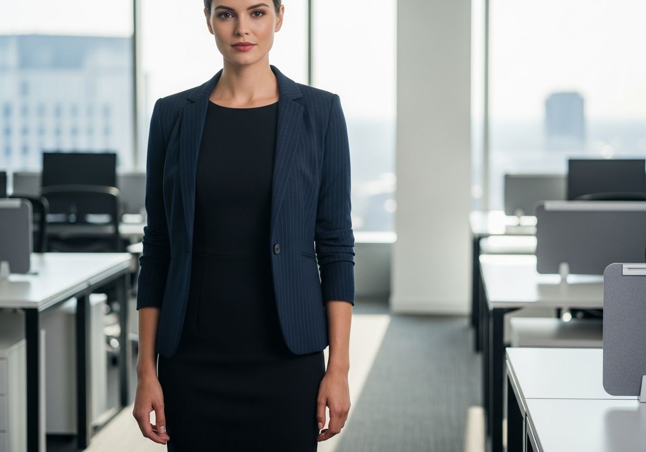 Profesjonalna bizneswoman w marynarce i sukience stoi w nowoczesnym biurze z widokiem na miasto