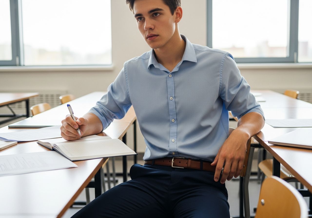 Student w jasnej sali uniwersyteckiej pisze w notesie przy drewnianym biurku z laptopem i dokumentami.