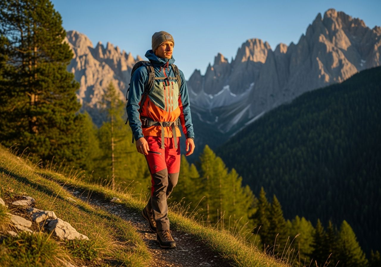 Wędrowiec w odzieży trekkingowej na górskim szlaku oświetlonym światłem złotej godziny