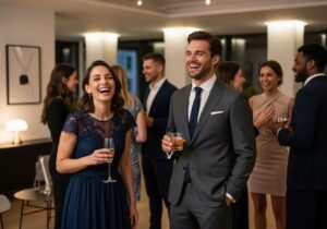 Młodzi profesjonaliści na eleganckim przyjęciu w biurze, rozmawiają i trzymają drinki