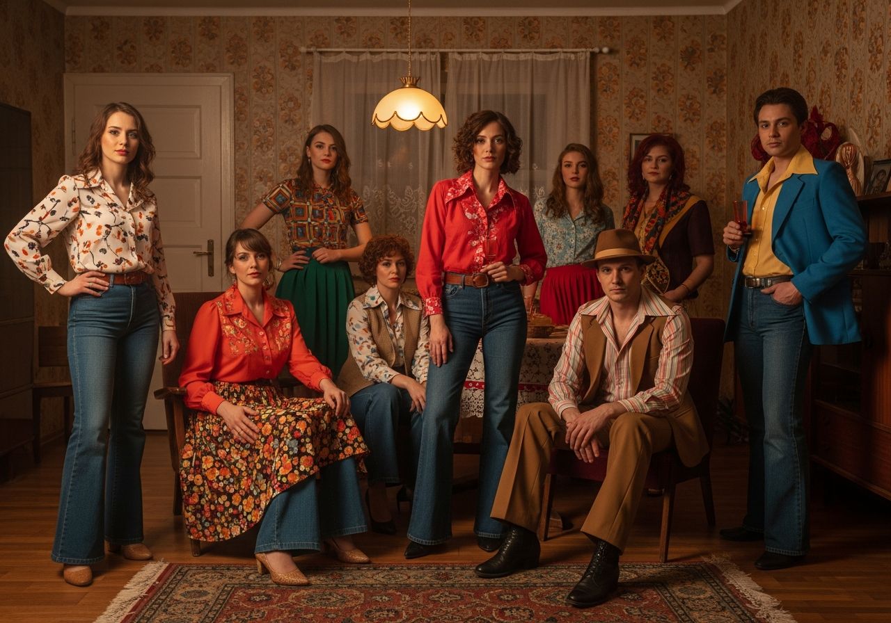 Grupa osób w strojach z PRL na imprezie w retro salonie z meblami i tapetą z lat 70. i 80.