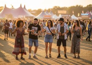 Grupa młodych ludzi na festiwalu muzycznym tańczy i śmieje się w otoczeniu namiotów i tłumu.