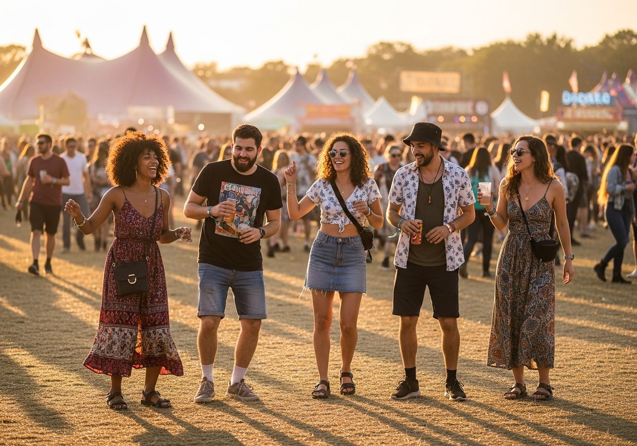 Grupa młodych ludzi na festiwalu muzycznym tańczy i śmieje się w otoczeniu namiotów i tłumu.
