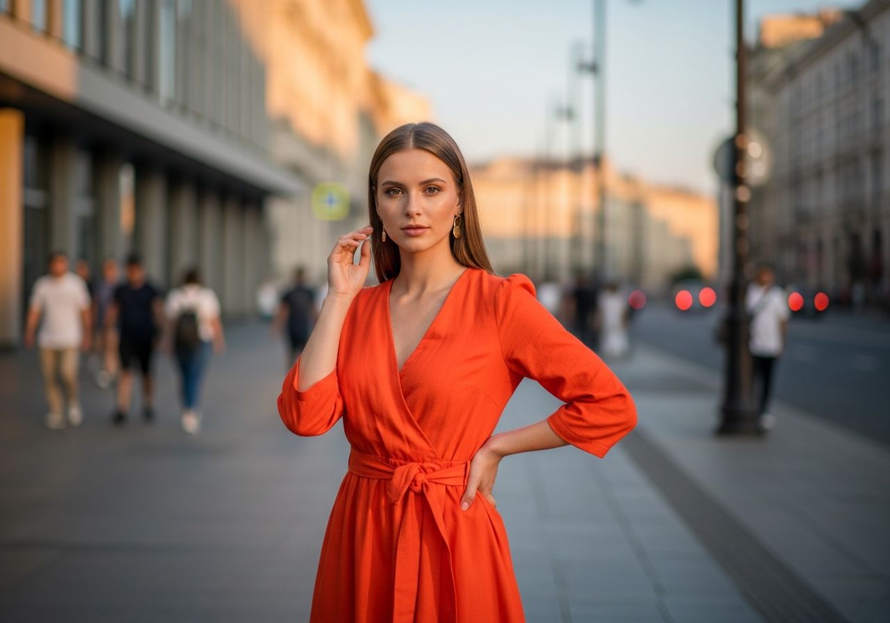 Młoda kobieta w pomarańczowej sukience stoi na ulicy miasta podczas złotej godziny.
