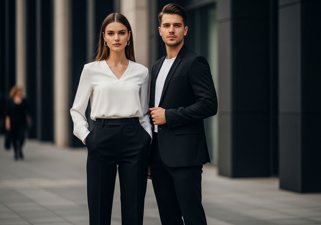 Młoda para w eleganckich czarno-białych stylizacjach na tle nowoczesnej miejskiej architektury.