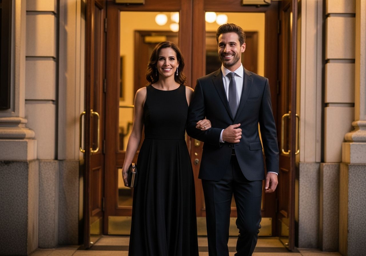 Elegancka para wychodzi z historycznego teatru wieczorem, uśmiechnięci, w klasycznych strojach.