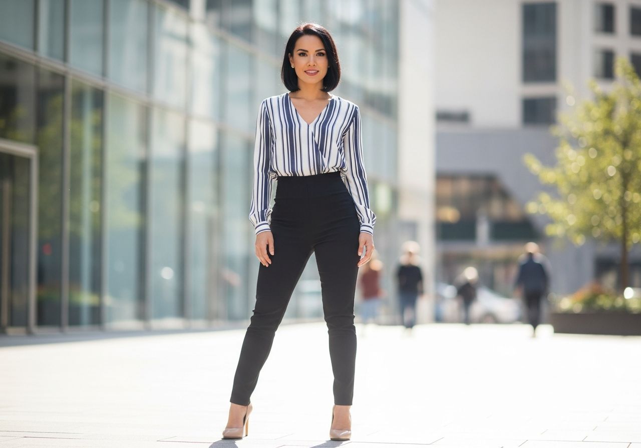 Młoda kobieta w mieście w eleganckim stroju z wysokimi spodniami i bluzką w paski, naturalny makijaż