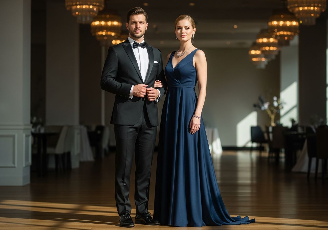 Stylowa para w eleganckim stroju wieczorowym w nowoczesnym wnętrzu o ciepłym świetle