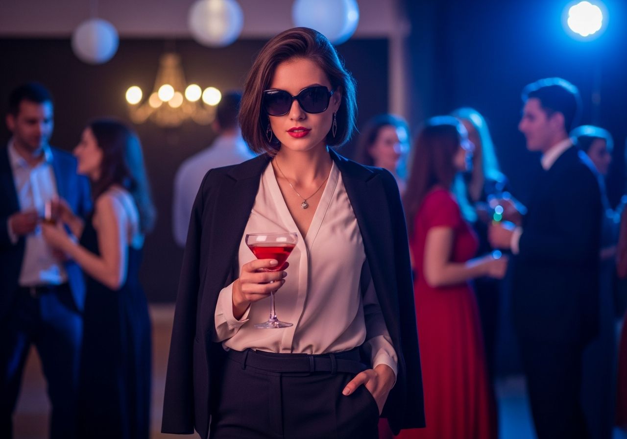 Stylowa kobieta w modnym stroju z koktajlem na wieczornej imprezie w otoczeniu eleganckich gości