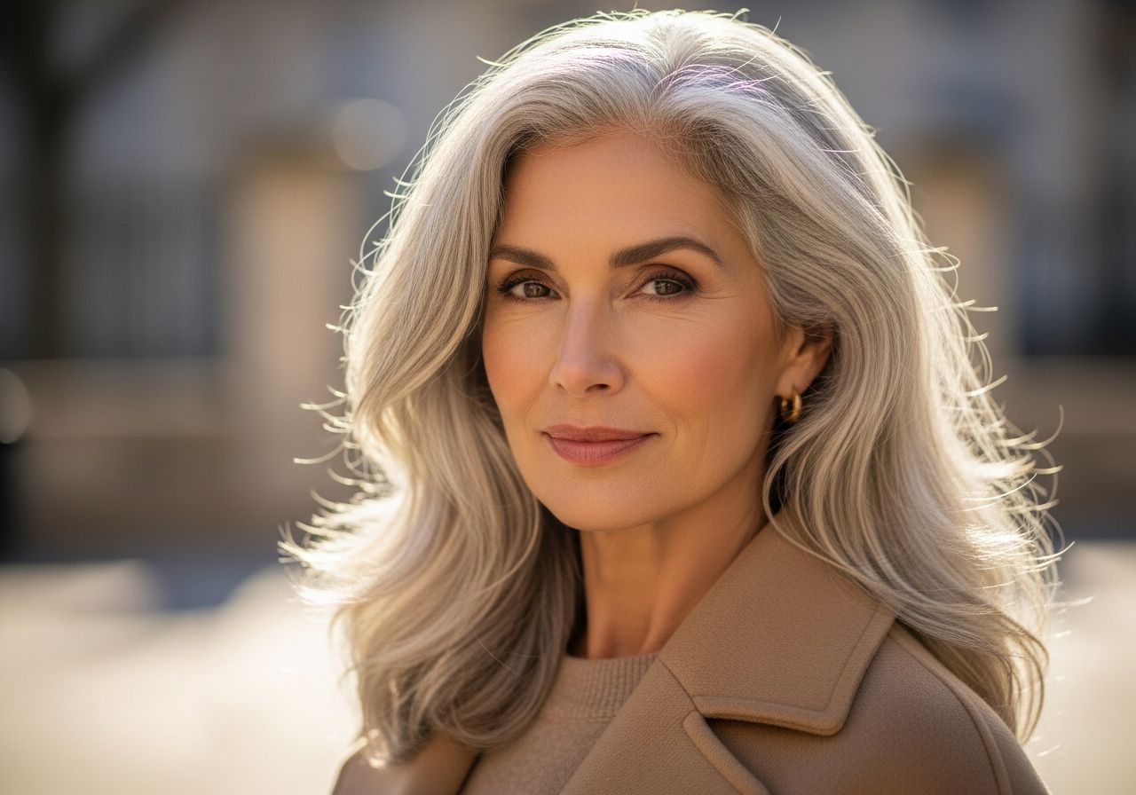 Portret pewnej siebie kobiety 50+, z naturalnymi siwymi włosami w eleganckim ubraniu na zewnątrz.