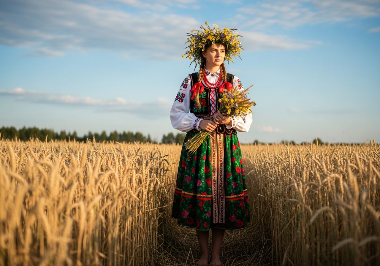 Młoda kobieta w stroju ludowym stoi boso na polu pszenicy, trzyma bukiet kłosów i kwiatów.