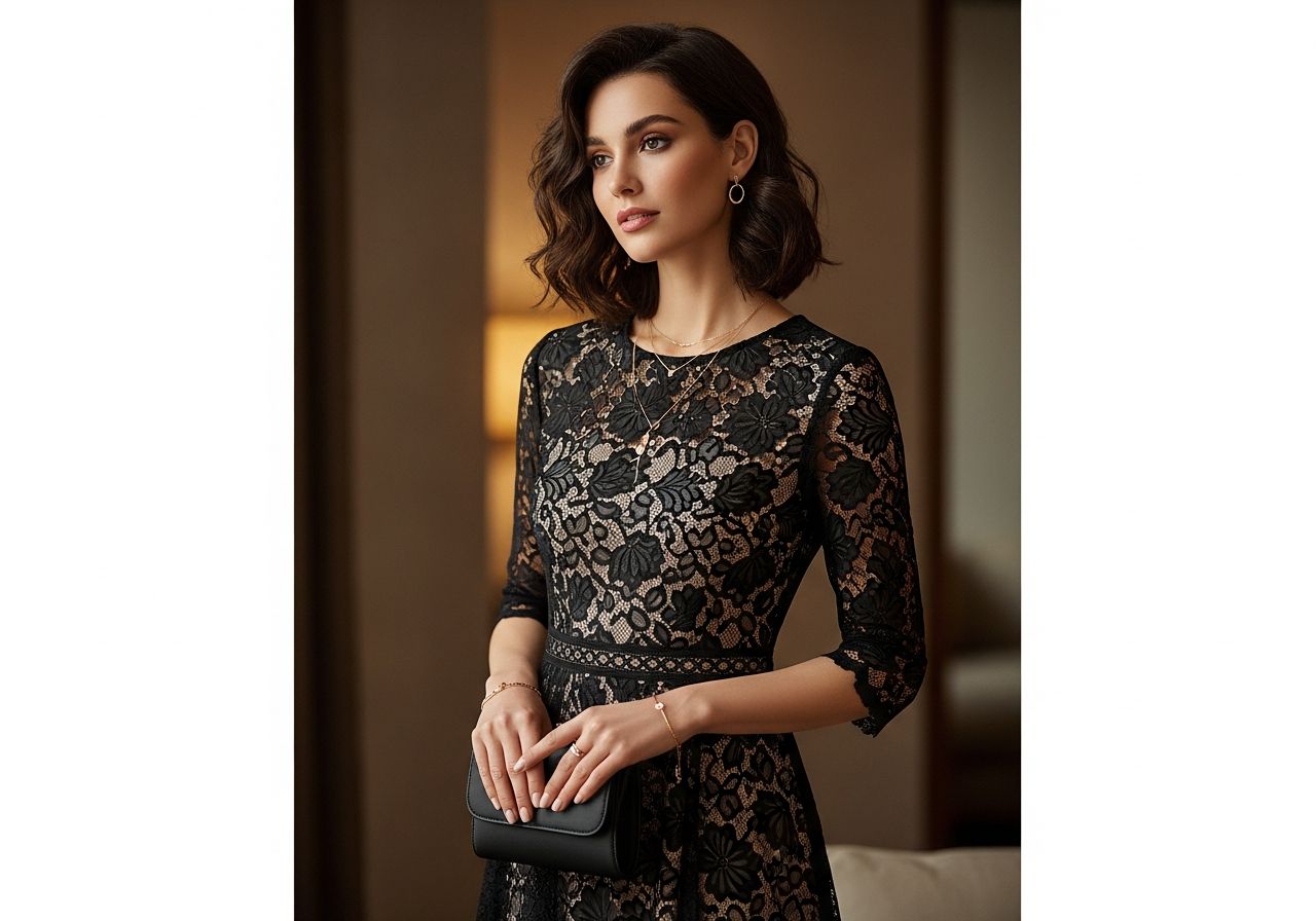 Elegancka kobieta w czarnej koronkowej sukience z biżuterią i czarną torebką, w ciepłym, rozmytym tle.