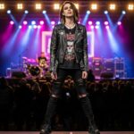 Osoba w rockowym ubraniu stoi pewnie przed sceną koncertową o zmierzchu z kolorowymi światłami.
