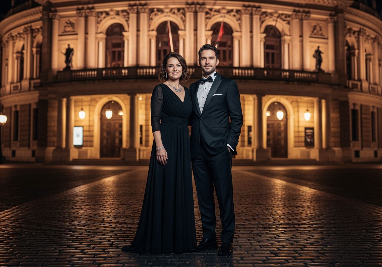 Elegancka para stoi nocą przed operą, kobieta w sukni wieczorowej, mężczyzna w smokingach, z uśmiechem.