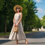Młoda kobieta w letniej sukience, kapeluszu i okularach na słonecznej ulicy z zielonymi drzewami w tle