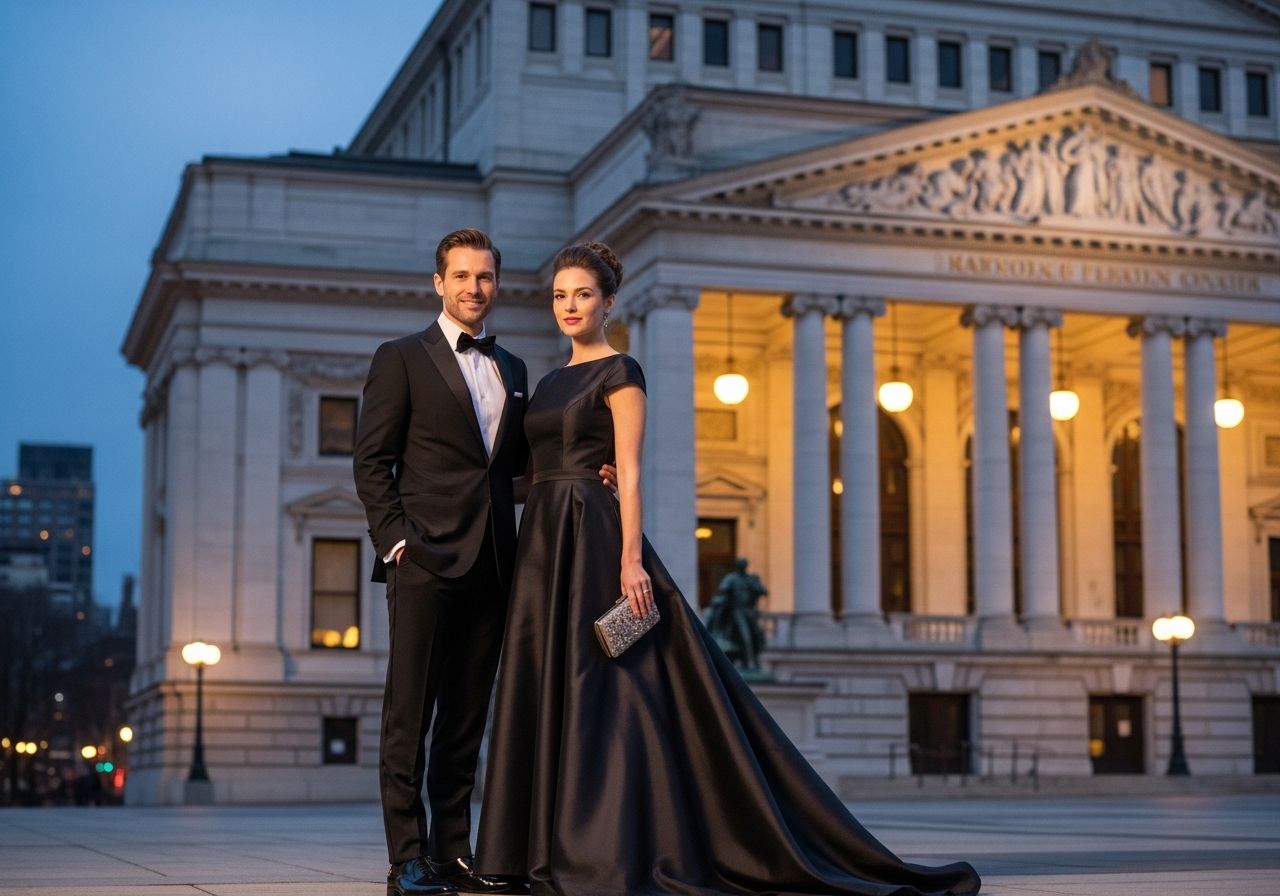 Elegancka para przed zabytkową salą koncertową oświetloną ciepłym światłem wieczorem