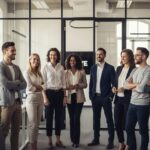 Grupa profesjonalistów w biurze, ubrani w strój biznesowy, pewni siebie, uśmiechnięci, naturalne światło