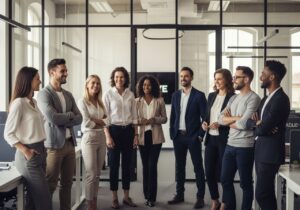 Grupa profesjonalistów w biurze, ubrani w strój biznesowy, pewni siebie, uśmiechnięci, naturalne światło