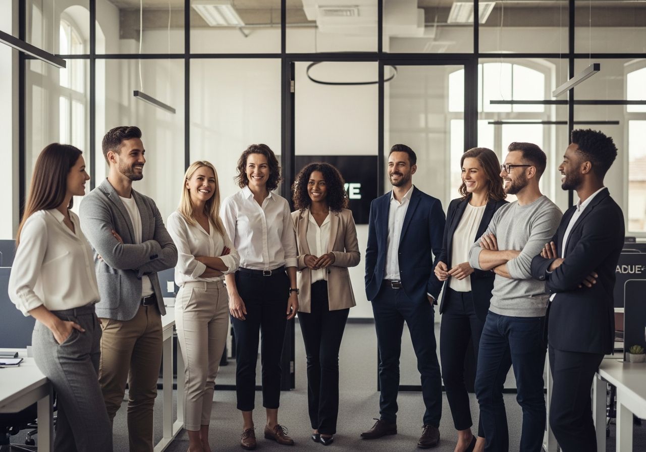 Grupa profesjonalistów w biurze, ubrani w strój biznesowy, pewni siebie, uśmiechnięci, naturalne światło