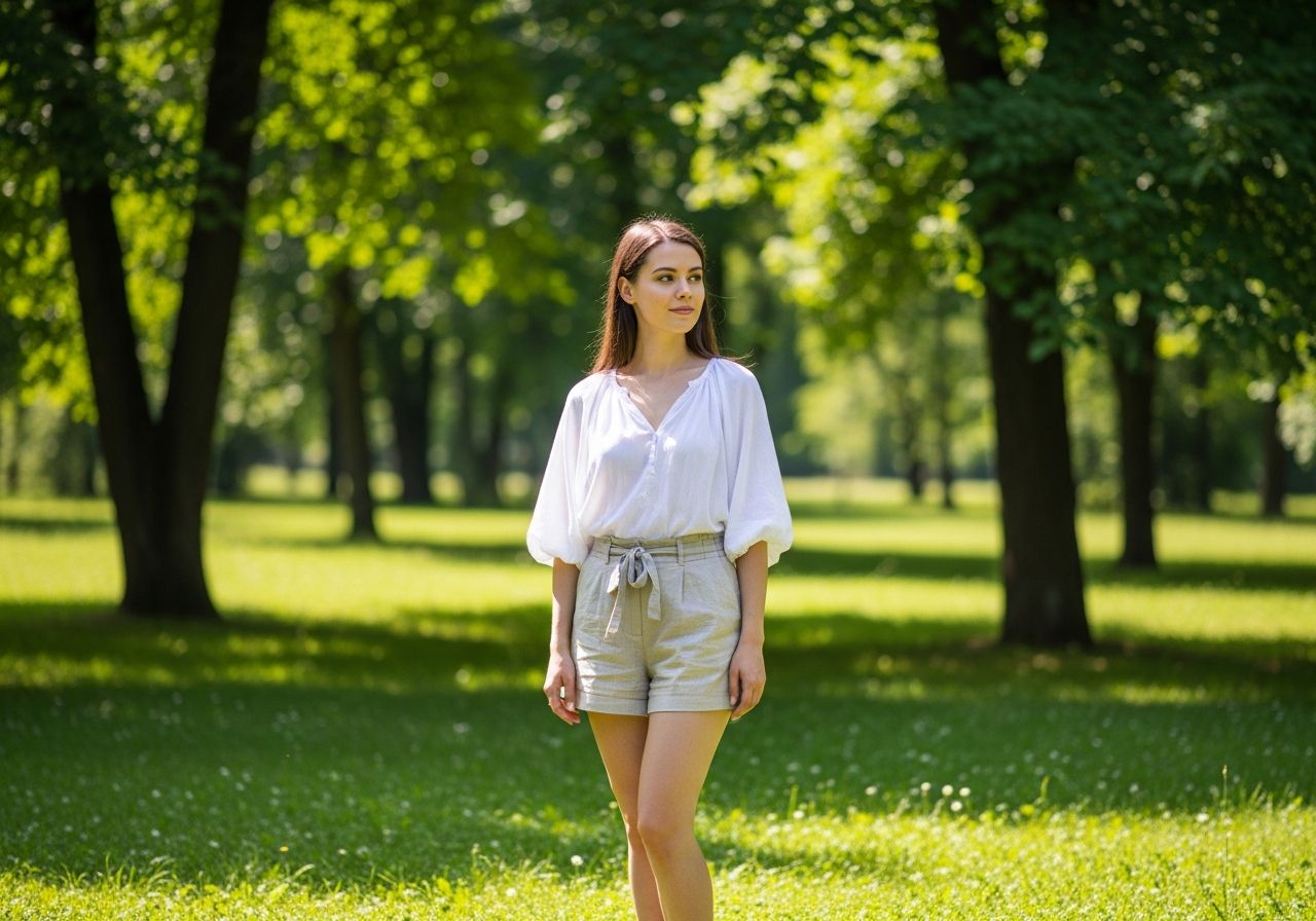Młoda kobieta w lnianych szortach i białej bluzce stoi w parku w słoneczny letni dzień.