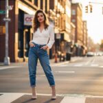 Młoda kobieta w boyfriend jeans, białej bluzce i beżowych botkach na miejskiej ulicy podczas złotej godziny