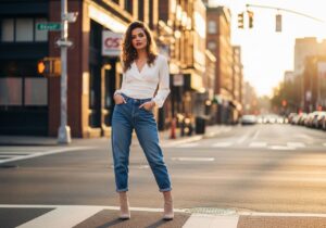 Młoda kobieta w boyfriend jeans, białej bluzce i beżowych botkach na miejskiej ulicy podczas złotej godziny