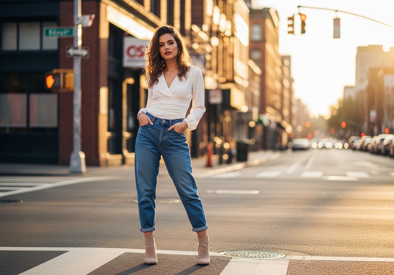 Młoda kobieta w boyfriend jeans, białej bluzce i beżowych botkach na miejskiej ulicy podczas złotej godziny