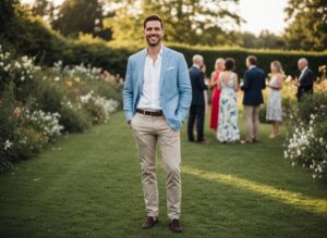Mężczyzna w lnianej marynarce i białej koszuli na zewnątrz podczas wesela w ogrodzie.