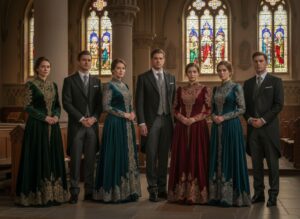 Grupa ludzi w kościele w skromnych, eleganckich strojach formalnych, na tle witraży i naturalnego światła